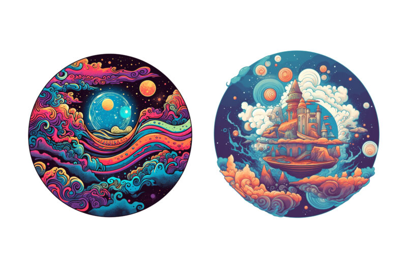 Stunning Cosmic Dreamscape Psychedelic , flat 2d, vector 8 PNG for t shirt design