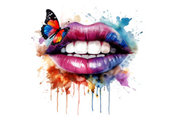 Colorful Lip with Butterfly Watercolor t shirt vector file