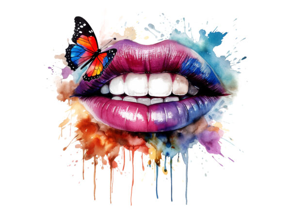 Colorful lip with butterfly watercolor t shirt vector file