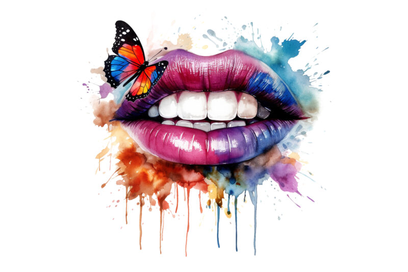 Colorful Lip with Butterfly Watercolor