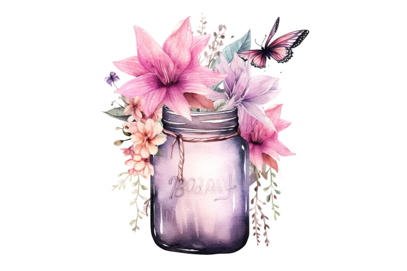 Fairy Flower In Jar, Fairy Flower In Jar Watercolor, Flower In Jar Art, Flower In Jar Clipart, Fairy Clipart, Fairy Illustrations, Fairy Stickers, Fairy Print On Demand, Print On Demand