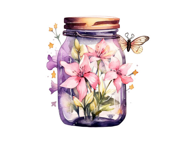 Fairy flower in jar, fairy flower in jar watercolor, flower in jar art, flower in jar clipart, fairy clipart, fairy illustrations, fairy stickers, fairy print on demand, print on demand t shirt graphic design