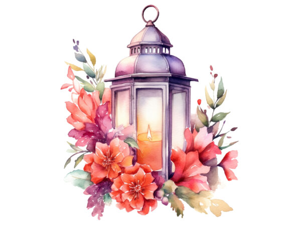 Lantern with flowers watercolor clipart t shirt vector graphic