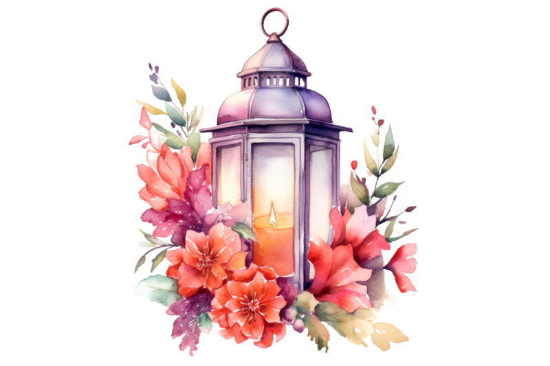 Lantern with Flowers Watercolor Clipart