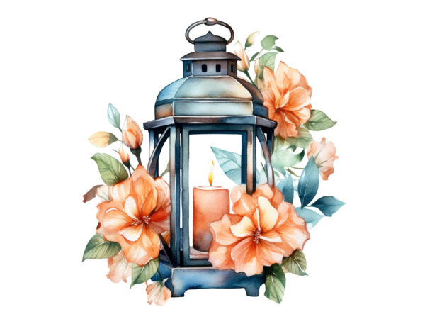 Lantern with flowers watercolor clipart t shirt vector graphic