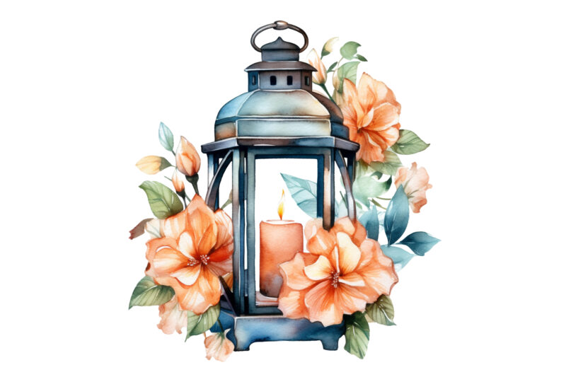 Lantern with Flowers Watercolor Clipart