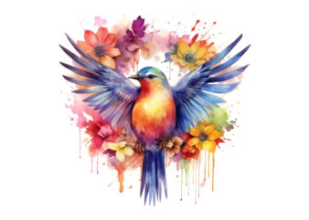 Rainbow Flower Bird Watercolor Clipart