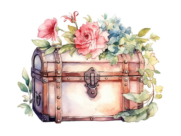 Watercolor treasure box with flower t shirt design for sale