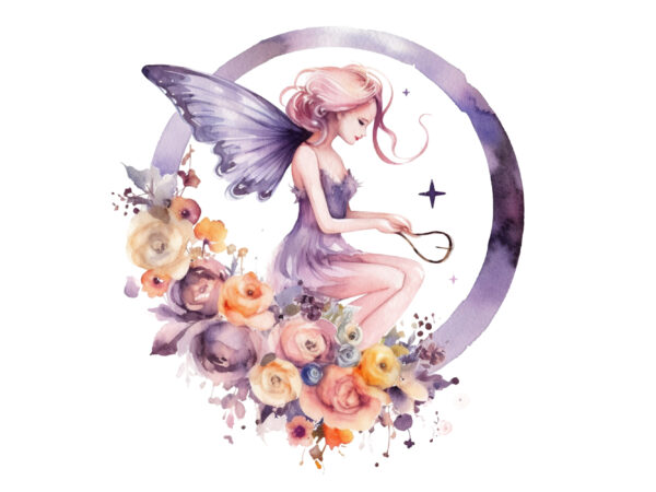 Watercolor fairy with flowers sblimation t shirt design for sale