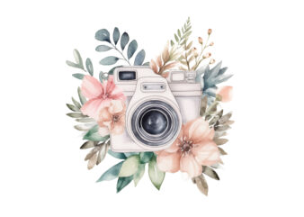 Watercolor Camera with Flower t shirt design for sale