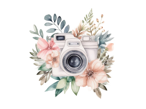 Watercolor camera with flower t shirt design for sale