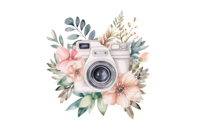 Watercolor Camera with Flower