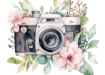 Watercolor Camera with Flower t shirt design for sale