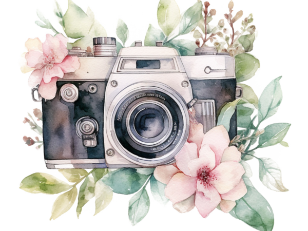 Watercolor camera with flower t shirt design for sale