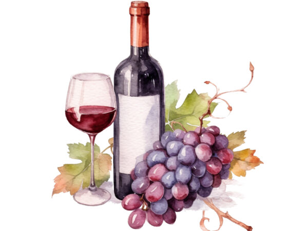 Wine and grapes watercolor clipart t shirt design for sale