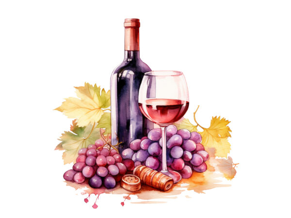 Wine and grapes watercolor clipart t shirt design for sale