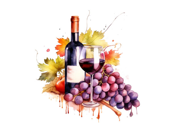 Wine and grapes watercolor clipart t shirt design for sale
