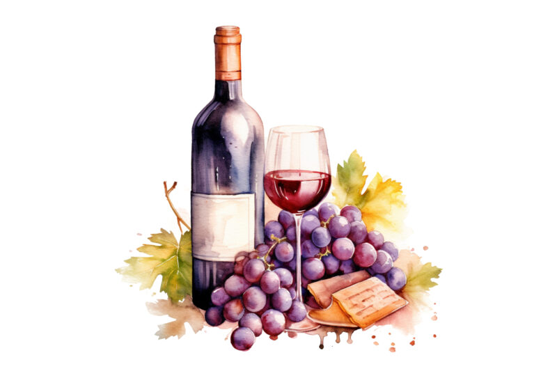 Wine and Grapes Watercolor Clipart