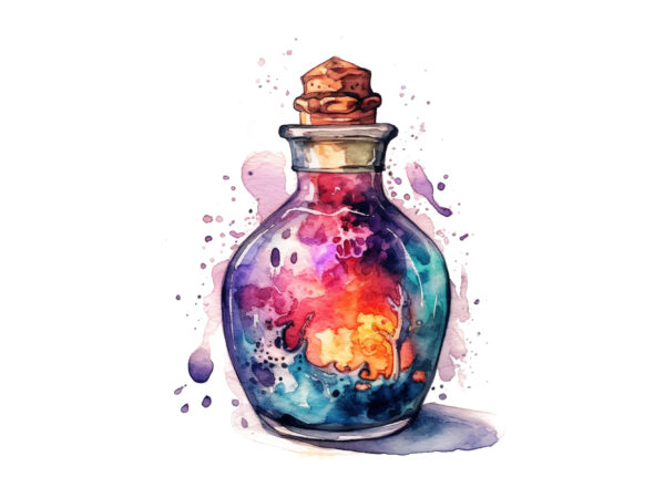 Witches potion bottle watercolor t shirt design for sale