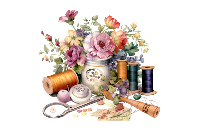 Vintage Sewing Supplies with Flowers