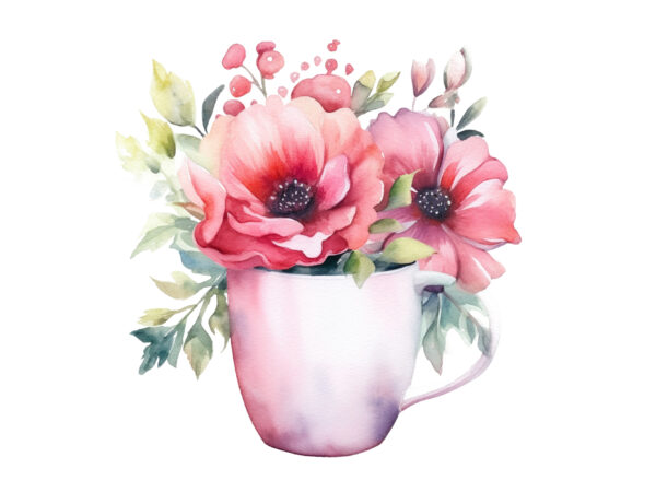 Watercolor flowers on coffee cup t shirt design for sale