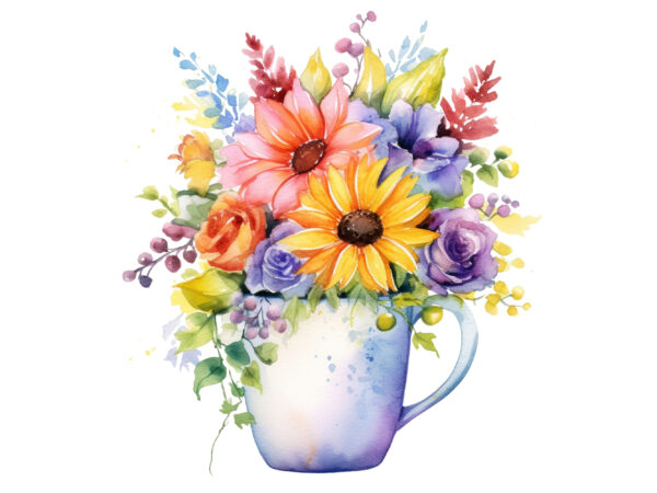 Watercolor flowers on coffee cup t shirt design for sale