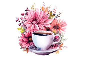 watercolor flowers on coffee cup t shirt design for sale