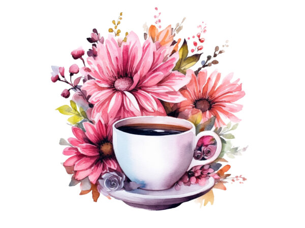 Watercolor flowers on coffee cup t shirt design for sale