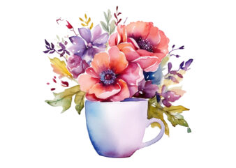 watercolor flowers on coffee cup t shirt design for sale