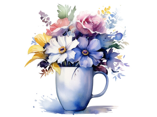 Watercolor flowers on coffee cup t shirt design for sale