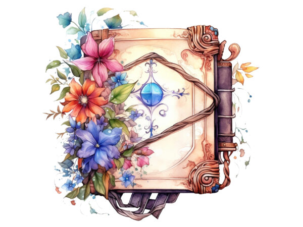 Watercolor spell book with flowers t shirt design for sale