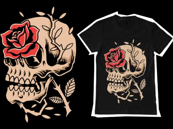 Skull and rose traditional tattoo illustration for t-shirt
