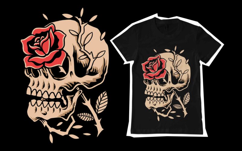 skull and rose traditional tattoo illustration for t-shirt