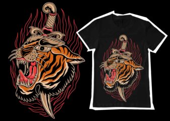 Tiger head taditional illustration for t-shirt