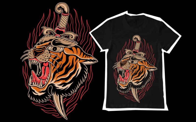 Tiger head taditional illustration for t-shirt