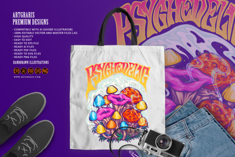 Magic mushroom psychedelic plant trippy logo illustrations