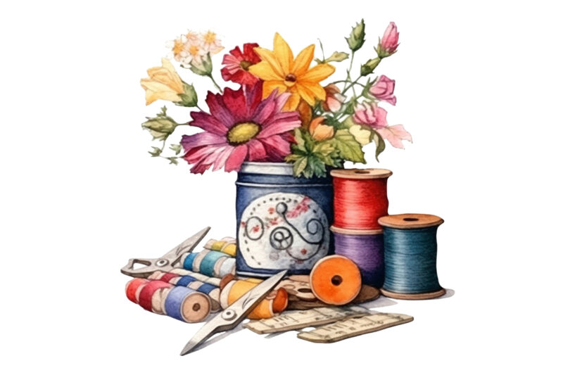 vintage sewing supplies with flowers watercolor
