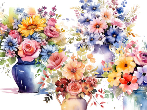 Watercolor vase of flowers clipart t shirt design for sale