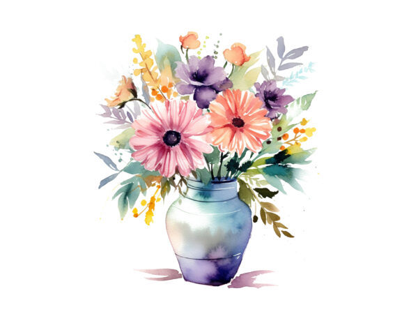 Watercolor vase of flowers clipart t shirt design for sale