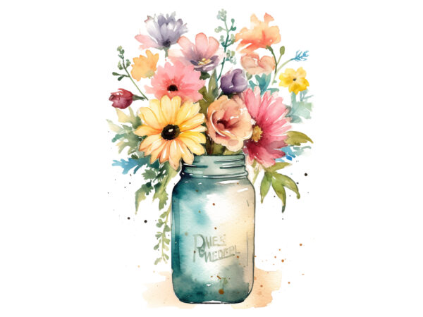 Flowers in jar watercolor sublimation t shirt graphic design