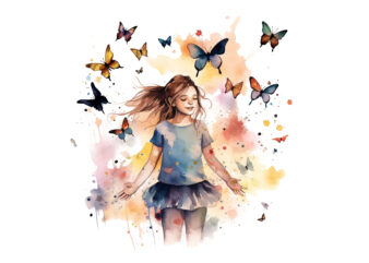 Girl and Butterflies Watercolor Clipart