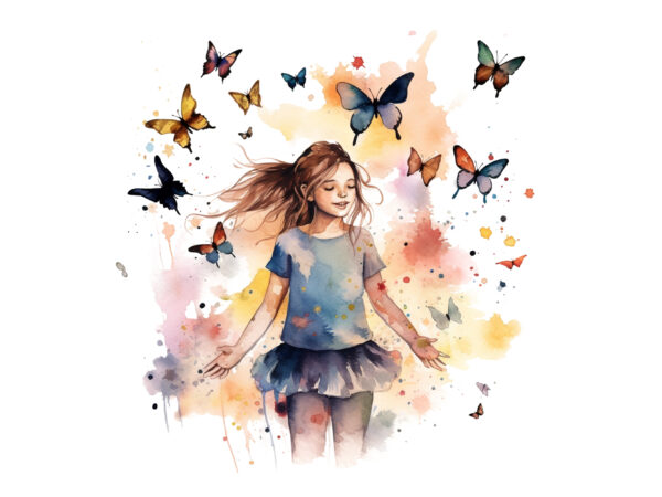 Girl and butterflies watercolor clipart t shirt design template