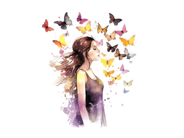 Girl and butterflies watercolor clipart t shirt design template