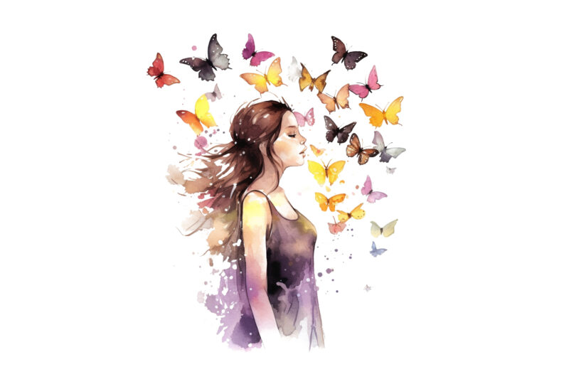 Girl and Butterflies Watercolor Clipart