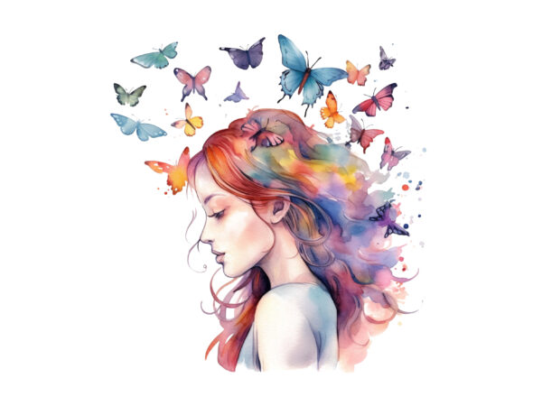 Girl and butterflies watercolor clipart t shirt design template Girl and butterflies watercolor clipart t shirt design template