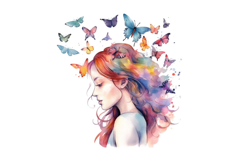Girl and Butterflies Watercolor Clipart