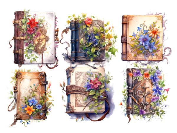 Watercolor spell book, flowers, vines, leather t shirt design for sale