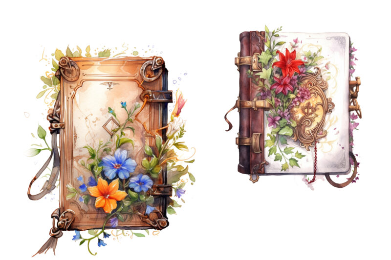 watercolor spell book, flowers, vines, leather