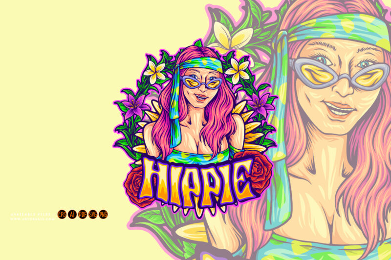 Hippie girl smiling with bohemian frame peaceful illustrations