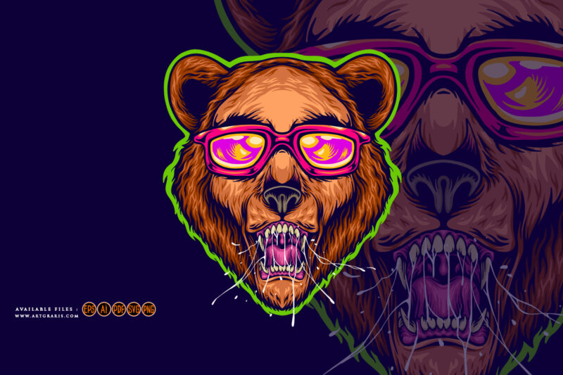 Edgy bear head wearing stylish sunglasses illustration